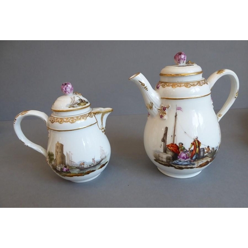 1 - A 19th century Meissen porcelain cabaret set: a two-handled tray, bullet-shaped teapot, coffee pot, ... 