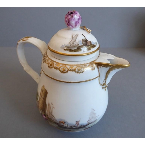 1 - A 19th century Meissen porcelain cabaret set: a two-handled tray, bullet-shaped teapot, coffee pot, ... 