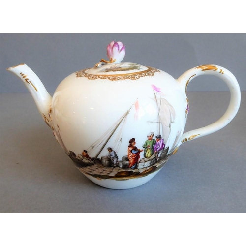 1 - A 19th century Meissen porcelain cabaret set: a two-handled tray, bullet-shaped teapot, coffee pot, ... 