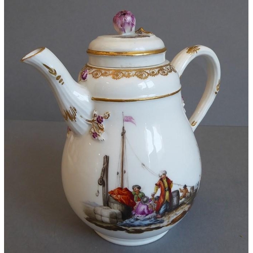 1 - A 19th century Meissen porcelain cabaret set: a two-handled tray, bullet-shaped teapot, coffee pot, ... 