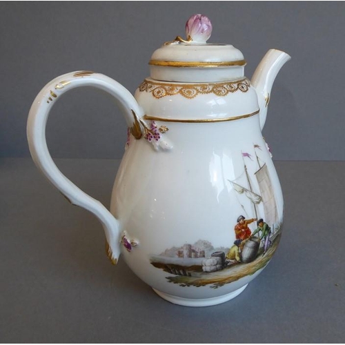 1 - A 19th century Meissen porcelain cabaret set: a two-handled tray, bullet-shaped teapot, coffee pot, ... 