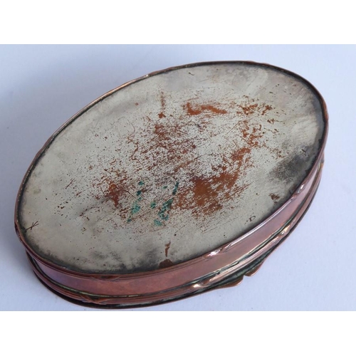 114 - A 19th century oval copper (once silver plated) table snuff box; the lid inset with a worn early 19t... 