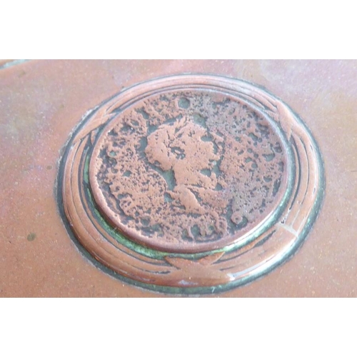 114 - A 19th century oval copper (once silver plated) table snuff box; the lid inset with a worn early 19t... 