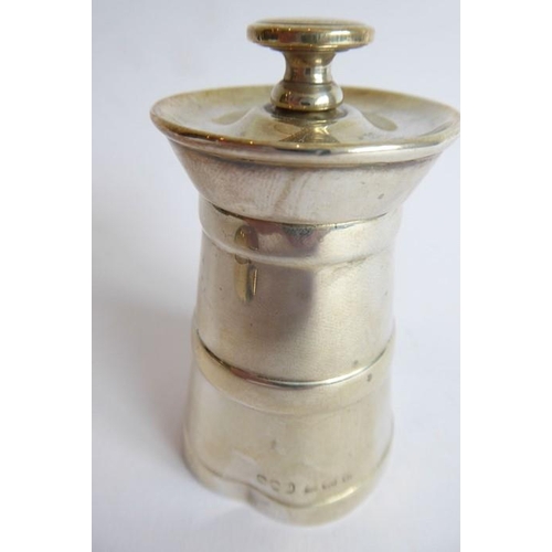 122 - An early 20th century hallmarked silver pepper grinder in the shape of a milk churn (dents to base),... 