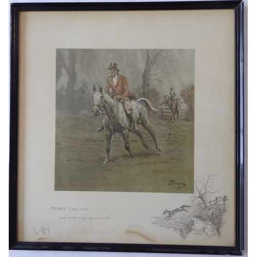 609 - CHARLES JOHNSON PAYNE (1884-1967) 'Snaffles'; a colour fox hunting print, 'Merry England, and worth ... 