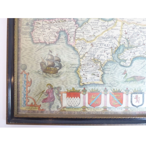 633 - After Jacobus Hondius - 1630 - ‘Map of Cornwall’. Hand coloured engraving. 14 ¾ x 20 ins (37.5 x 51 ... 