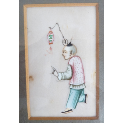 556 - A Chinese watercolour on rice paper trio: a figure holding a lantern, two females listening to a dan... 