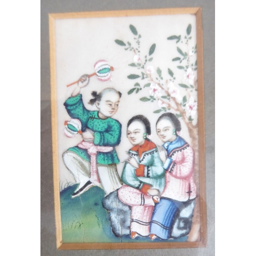 556 - A Chinese watercolour on rice paper trio: a figure holding a lantern, two females listening to a dan... 