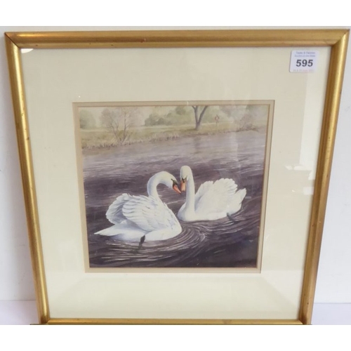 595 - British Contemporary -  a pair of swans kissing on water. Watercolour, 8 x 9 ins (20.5 x 23 cms )
(C... 