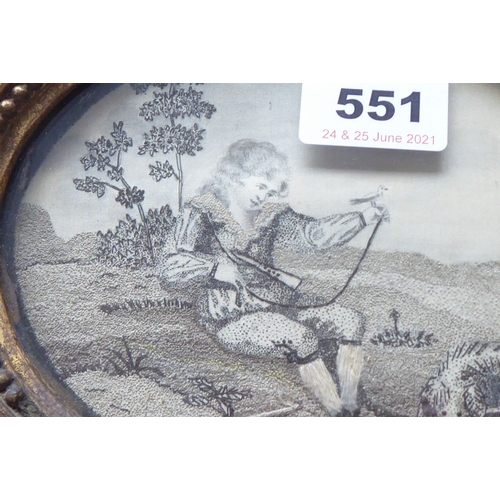 551 - A late 18th century uncompleted needlework; a young boy seated with a bird perched on his left hand ... 