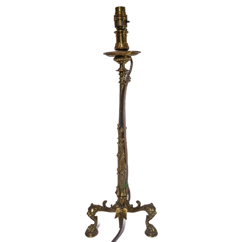 70 - A fine, large and heavy, pair of 19th century gilt-metal candlesticks (now adapted and as table lamp... 