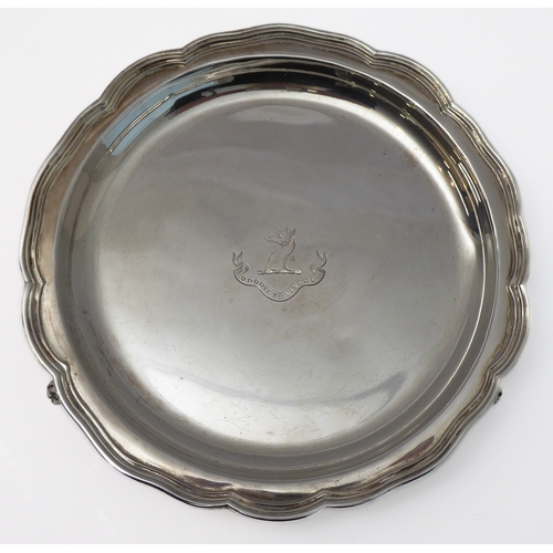 118 - A heavy hallmarked silver salver in Georgian style (later) - raised piecrust edge, central engraved ... 