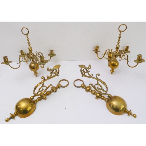 80 - A pair of ceiling-hanging four-light brass candelabra, together with a pair of brass wall appliques ... 