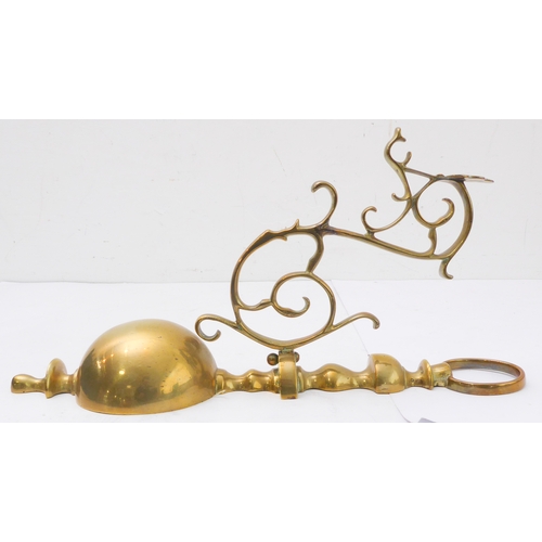 80 - A pair of ceiling-hanging four-light brass candelabra, together with a pair of brass wall appliques ... 