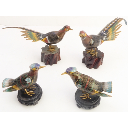 82 - Four decorative (two larger, two smaller) modern Chinese cloisonné models of exotic birds, a larger ... 