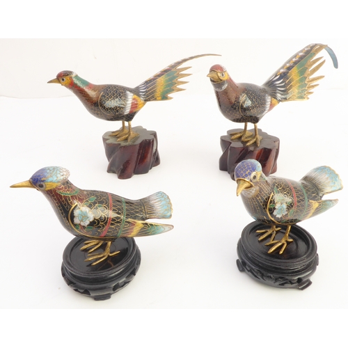 82 - Four decorative (two larger, two smaller) modern Chinese cloisonné models of exotic birds, a larger ... 