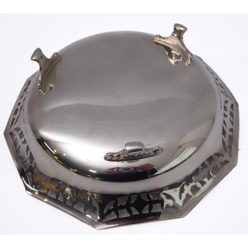 96 - A hallmarked silver bowl; pierced swag style border and raised on three foliate cast feet, maker's m... 