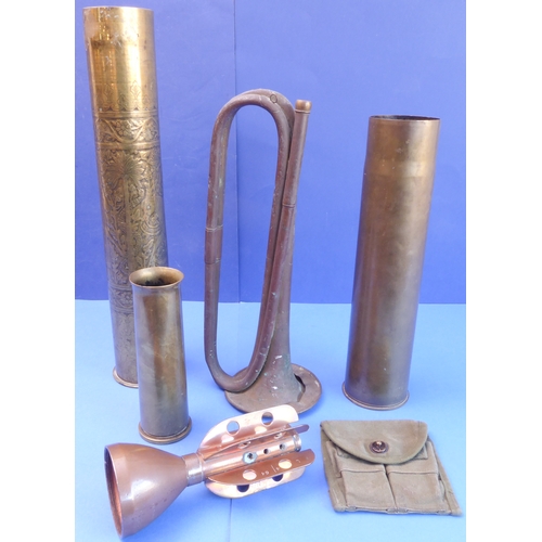 64 - An interesting selection of metalware: 

 - a large WWI Trench Art type brass shell case profusely e... 