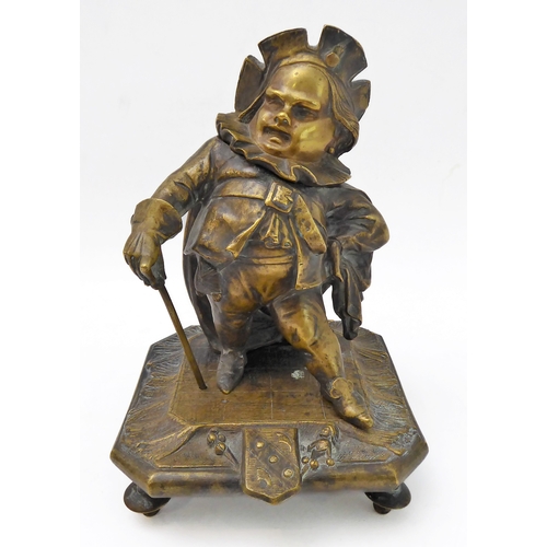 78 - A rare 19th century bronze / brass inkwell modelled as Falstaff - the hinged upper section folding b... 