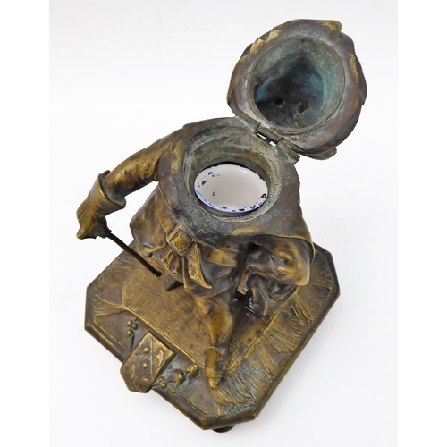 78 - A rare 19th century bronze / brass inkwell modelled as Falstaff - the hinged upper section folding b... 