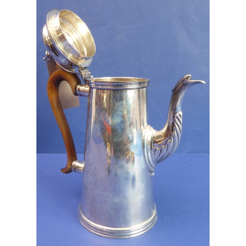 86 - A heavy hallmarked silver coffee pot of circular conical form  high-arched scrolling wooden handle ... 