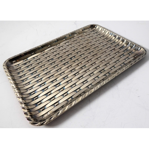 89 - A heavy white metal (mark's rubbed) rectangular trinket tray of basket weave form, 23cm wide (approx... 