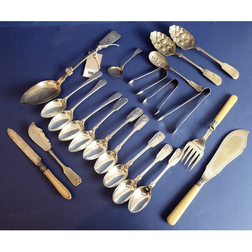 90 - Various silver and silver plated flatware and cutlery etc. to include a pair of Georgian silver suga... 