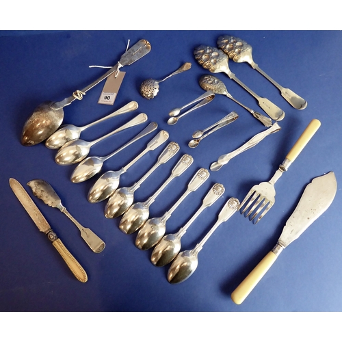 90 - Various silver and silver plated flatware and cutlery etc. to include a pair of Georgian silver suga... 