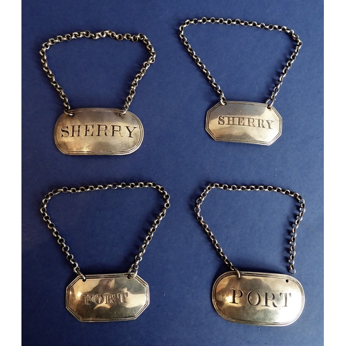 92 - A pair of hallmarked silver wine tickets of octagonal form 'Sherry' and 'Port', each with maker's ma... 