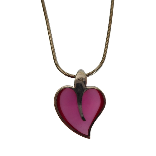 112 - A silver pendant mounted with a polished hardstone as a heart, upon a silver neck chain (boxed)