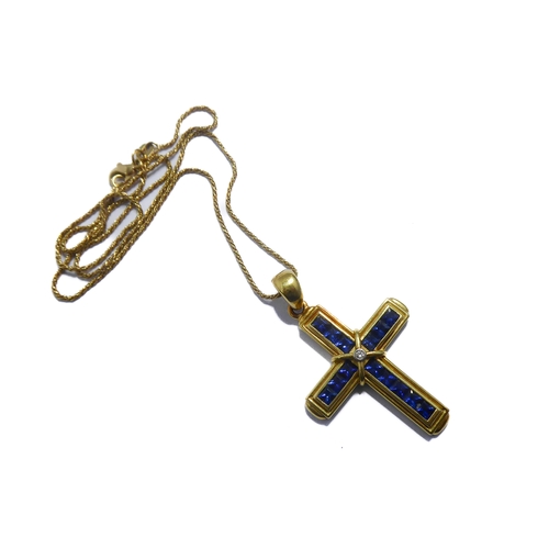 116 - A 18-carat gold, sapphire and diamond cross with an 18-carat gold chain