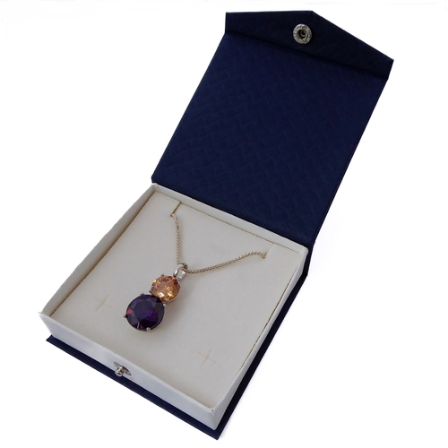 149 - A large silver amethyst and gemstone-set pendant and silver chain