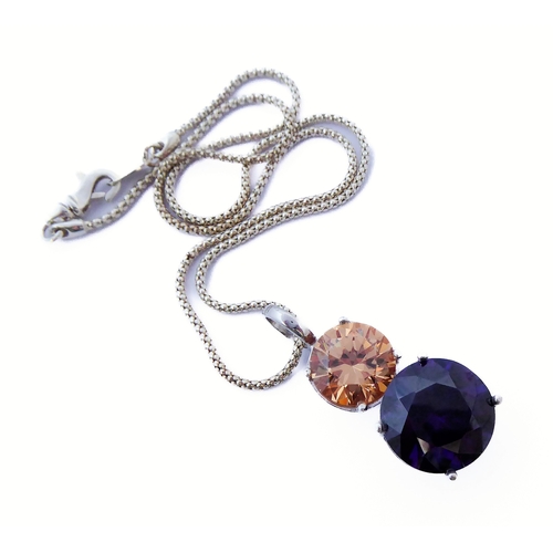 149 - A large silver amethyst and gemstone-set pendant and silver chain