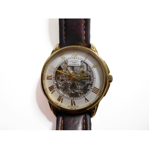 160 - A gentleman's Rotary Automatic Skeleton watch: the visible movement with cream chapter ring and Roma... 