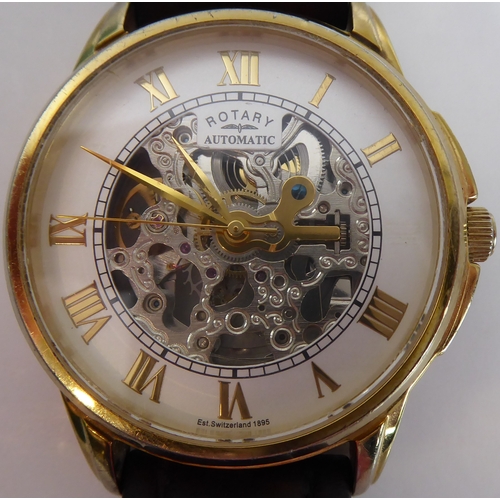 160 - A gentleman's Rotary Automatic Skeleton watch: the visible movement with cream chapter ring and Roma... 