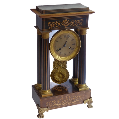 161 - A mid-19th century French portico clock: partridge wood marquetry, boxwood-strung and ormolu-mounted... 