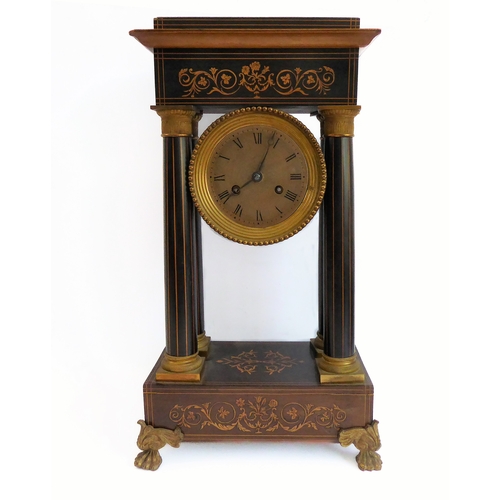 161 - A mid-19th century French portico clock: partridge wood marquetry, boxwood-strung and ormolu-mounted... 