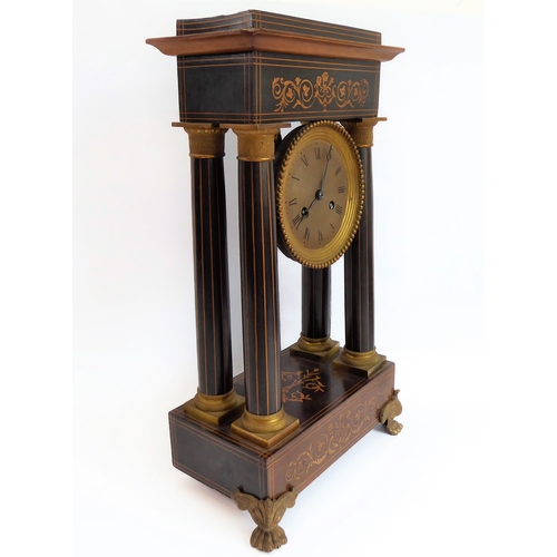 161 - A mid-19th century French portico clock: partridge wood marquetry, boxwood-strung and ormolu-mounted... 