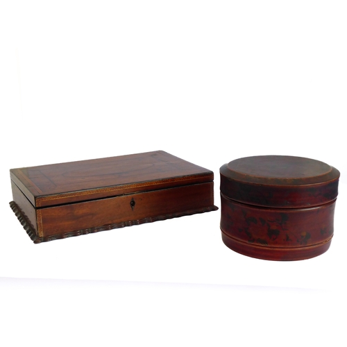 182 - A George III period mahogany box with ebony-strung banded lid and wavy-style base (32cm wide). Toget... 