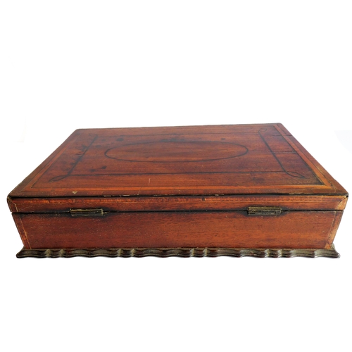 182 - A George III period mahogany box with ebony-strung banded lid and wavy-style base (32cm wide). Toget... 