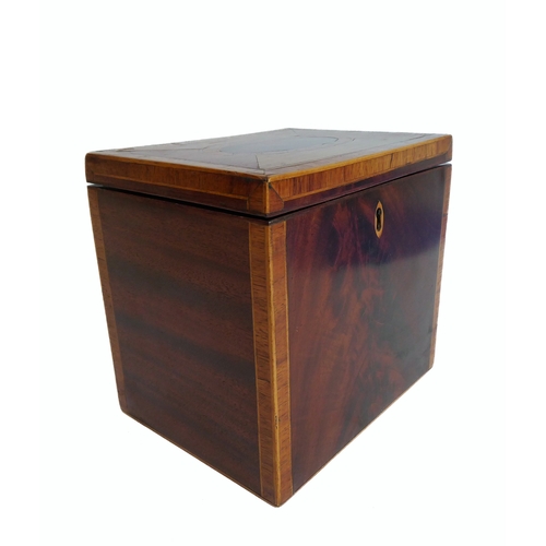 184 - A George III period mahogany and rosewood crossbanded tea caddy of rectangular form: lined interior ... 