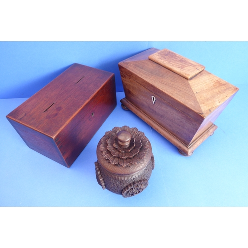 201 - An early 19th century sarcophagus-shaped two-division faded rosewood tea caddy, together with a 19th... 