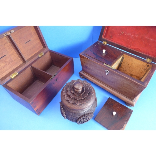 201 - An early 19th century sarcophagus-shaped two-division faded rosewood tea caddy, together with a 19th... 