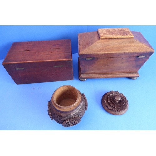 201 - An early 19th century sarcophagus-shaped two-division faded rosewood tea caddy, together with a 19th... 