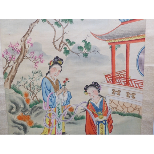 228 - A Chinese scroll watercolour depicting two courtesans within a garden, signed and with circular red ... 