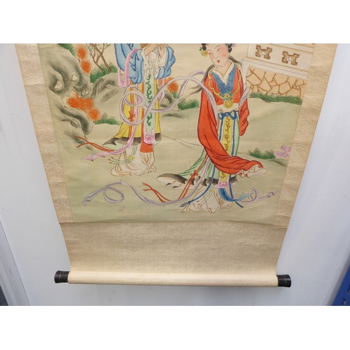 228 - A Chinese scroll watercolour depicting two courtesans within a garden, signed and with circular red ... 