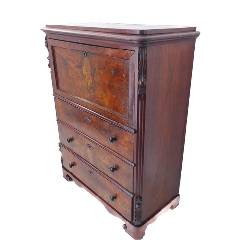 317 - A mid-19th century continental figured walnut secrétaire chest: the moulded top above a single venee... 