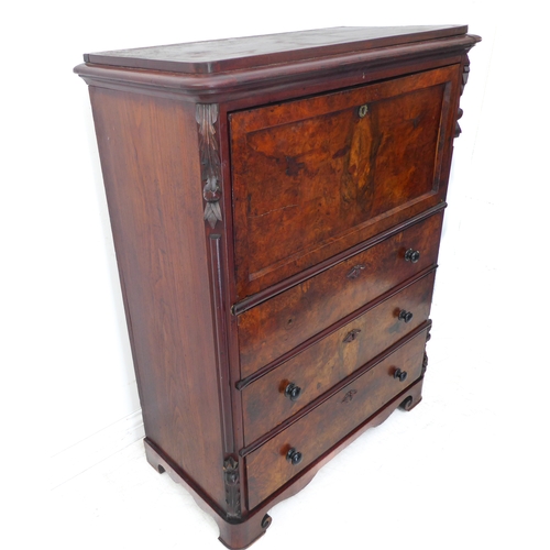 317 - A mid-19th century continental figured walnut secrétaire chest: the moulded top above a single venee... 