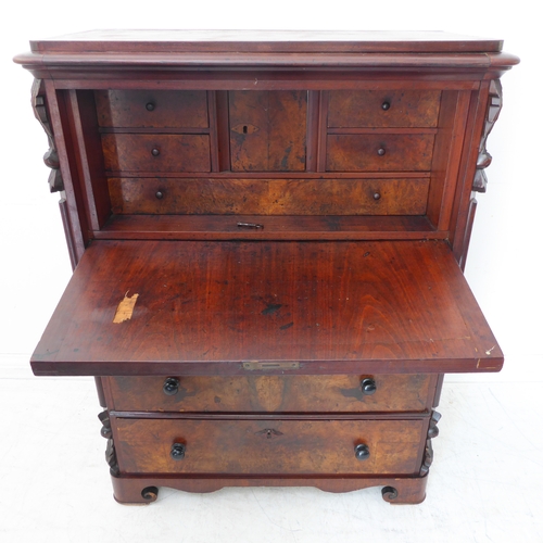 317 - A mid-19th century continental figured walnut secrétaire chest: the moulded top above a single venee... 