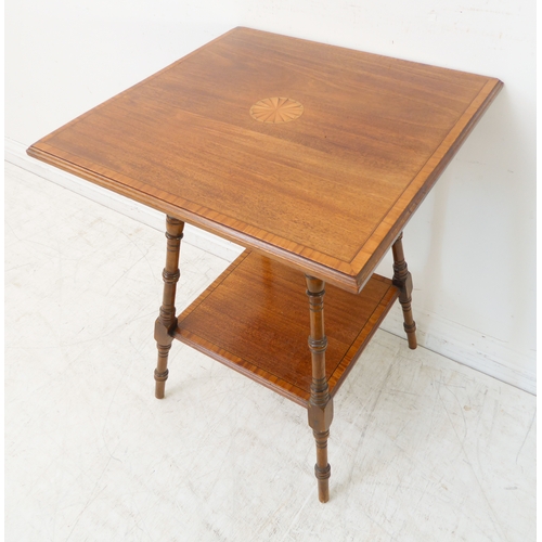 345 - An Edwardian period mahogany and satinwood crossbanded square occasional table: central circular mar... 